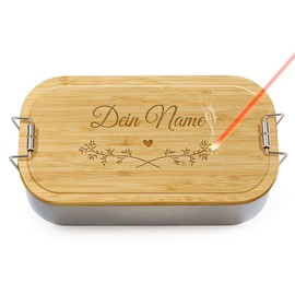 PR Print Royal Brotdose mit Gravur selbst gestalten - Floral - mit Name personalisieren - Geschenk Familie, Freunde, Geburtstag, Schule, Camping - Lunchbox, Holzdeckel, BPA-frei, 600 ml