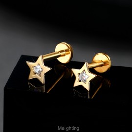Melighting Titanium Cartilage Earring Star Threadless Push In Tragus Earring 16G Flat Back Earring 14K Yellow Gold Helix Earring 6mm