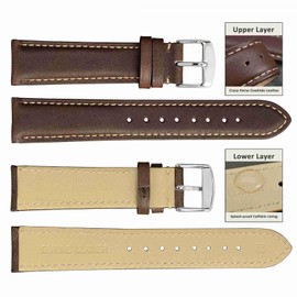 WOCCI 14mm Vintage Leather Watch Band for Men and Women, Silver Buckle (Dark Brown/Contrasting Stitch)
