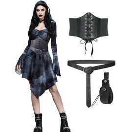 kasahara Medieval Clothing Women's Set Gothic Dress Retro Renaissance Clothing with Corset, Belt Bag, Belt, Victorian Witch Carnival Fancy Dress Costume (Grey, L)
