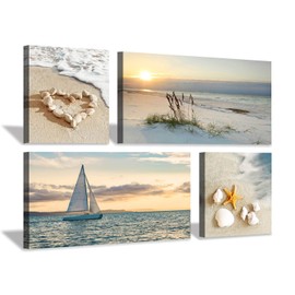 Hardy Gallery Wall Art: 4pc Beach Sunset Painting, Seascape Canvas Art for Bedroom (24x12x2 + 12x12x2, Acrylic)