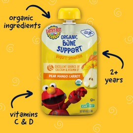 Earth's Best Organic Kids Snacks, Sesame Street Toddler Snacks, Bone Support Fruit + Veggie Smoothie for Toddlers 2 Years and Older, Pear Mango Carrot, 4 oz (Pack of 12)