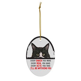 Every Snack You Make I'll Be Watching You Black White Maine Coon Cat Christmas Ornament - Funny White Oval Ceramic Decoration Gifts for Cat Lovers