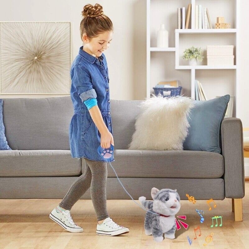 TOYSREX Walking Cat Singing Toy Electronic Plush Kitten Leash Cats