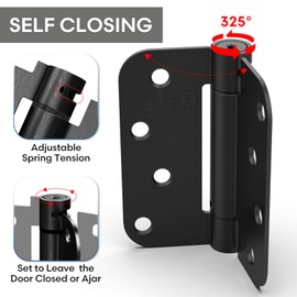 Treasem Self Closing Door Hinges, Auto Closing Spring Hinges with Adjustable Tension, 3.5 x 3.5 Inch, 5/8'' Radius Corners, for Home Interior, Exterior Doors and Commercial Use, Gloss Black, 2 Pack