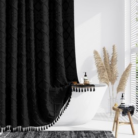 Dynamene Boho Farmhouse Shower Curtain, Black Fabric Chenille Tufted Geometric Striped Textured Cloth Tassel Shower Curtains for Bathroom, Minimalist Shabby Chic Shower Curtain Set 12 Hooks, 72x72