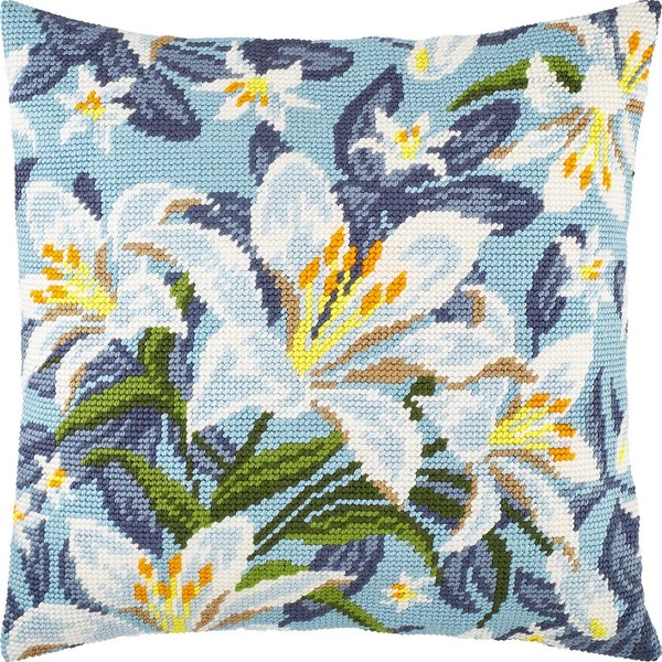 White Lilies. Needlepoint Kit. Throw Pillow 16×16 Inches. Printed Tapestry Canvas, European Quality