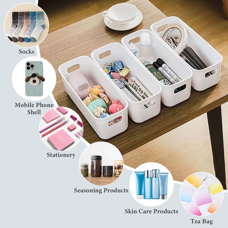 SHAIDOJIO 10Pcs White Narrow Storage Bins, 10" Long Bathroom Organizing