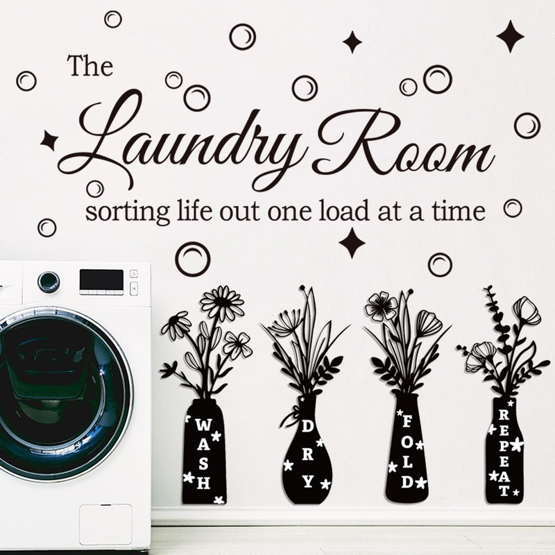 Laundry Room Wall Decal, Wash Dry Fold Repeat Flower Vase