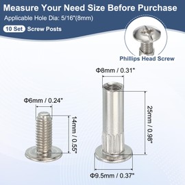 PATIKIL Binding Screw Posts, 10 Set Screw Posts Fit for 5/16"(8mm) Hole Dia Female M8 x 25mm Carbon Steel Binding Bolts Nut for Leather Scrapbook DIY