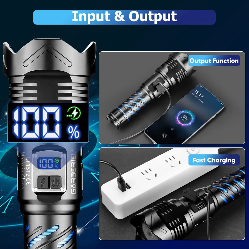 Garberiel Zoom Rechargeable LED Flashlight Tactical Super Bright 50W Torch