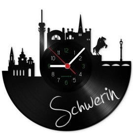 GRAVURZEILE Vinyl Record Clock - Skyline Schwerin - Wall Clock Made of Cast Vinyl with City Skyline 30 cm - Upcycling Design Clock Wall Decoration Vintage Wall Decoration Retro Clock - Made in Germany