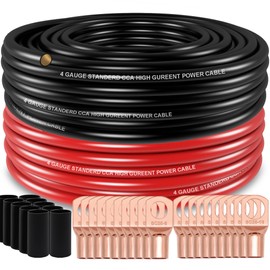 50FT 4 Gauge Wire (25ft Each- Black/Red) Copper Clad Aluminum CAA,with 4ga Lugs and Heat Shrink Tube, Car Amplifier Power & Ground Cable