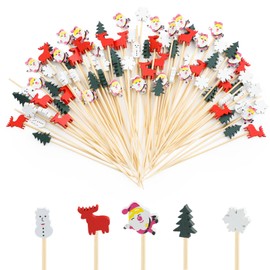 Bekeify Christmas Cocktail Sticks 200Pcs Wooden Cocktail Swizzle Picks 12cm Bamboo Toothpicks Snowflake Fruit Sticks Food Garnish Skewers for Xmas Party Sandwiches Christmas Tree Snowman Decoration