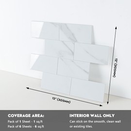 6-Sheet Peel and Stick Backsplash Tile, 12”x12” Self-Adhesive Waterproof Subway Tile, Glossy Carrara White Faux Marble Tile for Kitchen, Bathroom, Fireplace