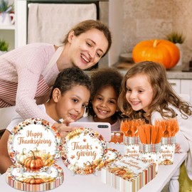 144Pcs Thanksgiving Plates and Napkins,Fall Thanksgiving Party Supplies Autumn Pumpkin Floral Party Decorations for Autumn Harvest,Thanks Giving Decor Serves 24