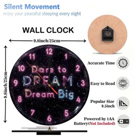 Lancholy 10-Inch Silent Wooden Wall Clock, Neon Clock Dream Big Dare to Achieve Goals ” Silent Non-Ticking Clock, Battery Operated (AA Batteries Not Included), Artistic Home Decor