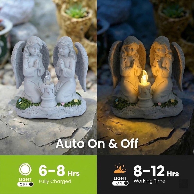 Solar Powered Twin Angel Garden Statue 6.49 Inch - Waterproof
