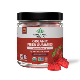 ORGANIC INDIA Fiber Gummies for Adults - Prebiotic Fiber, Dietary Supplement, Digestive Health for Men & Women, Vegan, Low Sugar, Non-GMO - Strawberry, 60 Gummies