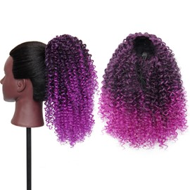 Kinky Curly Drawstring Ponytail Synthetic Hair Clip In Extension for Women Vibrant Colored Curly Ponytail No Damage Hairpiece 1B/Purple 12 Inch