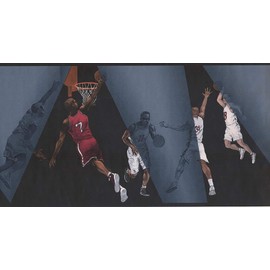 CONCORD WALLCOVERINGS ™ Sport Wallpaper Border Featuring Basketball Athletes in a Game, Colors Blue Red Black White Orange, Size 10.25 Inches by 15 Feet IN2663B