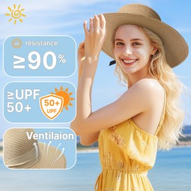 Beach Hats for Women - Wide Brim Sun Straw Hat for Women, UPF 50+ UV Sun Protection Sun Hat Womens, Floppy Sun Hat Foldable Roll up Cap, Khaki