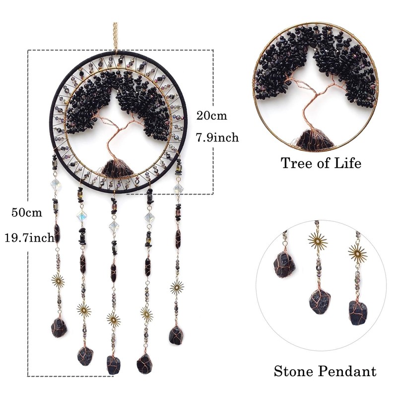 RAGKUU Black Large Tree of Life Dream Catcher with Stone