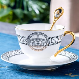 LE POTOCIO Euro Style Bone China Tea Cup and Saucer Set, Tea Coffee Cups and Saucers Set of 1, 7.03 oz Coffee/Tea Cup Set with Saucer and Spoon for Tea Party (Golden Crown)