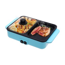 110V 1200W Small Electric Hot Pot Barbecue Grill, 2 in 1 Indoor Non-Stick Electric Hot Pot and Frying Pan, Blue Portable Electric BBQ Grill for Indoor Party Family Gatherings, 11.4*8.7*4.3inch (Blue)