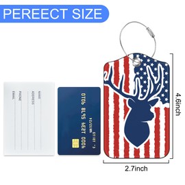 2 PCS American Hunting Deer Flag Luggage Tag for Suitcase Hunter American Flag Deer Leather Suitcase Tags with Name Address Card Label Privacy Cover and Stainless Steel Loop for Women Men