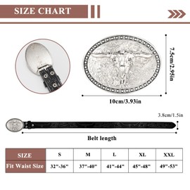 VONMELLI Western Leather Belt for Men Women Floral Engraved Cowboy Belt Longhorn Bull Buckle Western Waist Belt Black, S