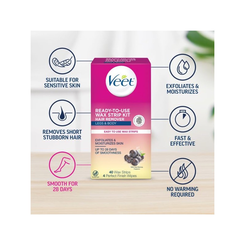 Veet Leg and Body Hair Remover Cold Wax Strips, 40