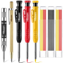 Hiboom Mechanical Carpenter Pencils with Solid Deep Hole Woodworking Pencils with Built in Sharpener & Refills, Automatic Center Punch, Carbide Scribers Tool Set for Architect Construction