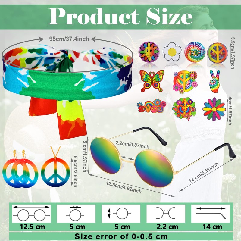 Jiuguva 17pcs 60s 70s Outfits for Women Hippie Costume Set