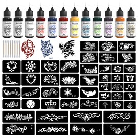 PFARRER Temporary Tattoo Kit 12 Bottles Color Temporary Tattoo Ink,49 Big Pcs Stencils Kit for Body Paint DIY Fake Tattoos for Kids ZYH2309002KIT
