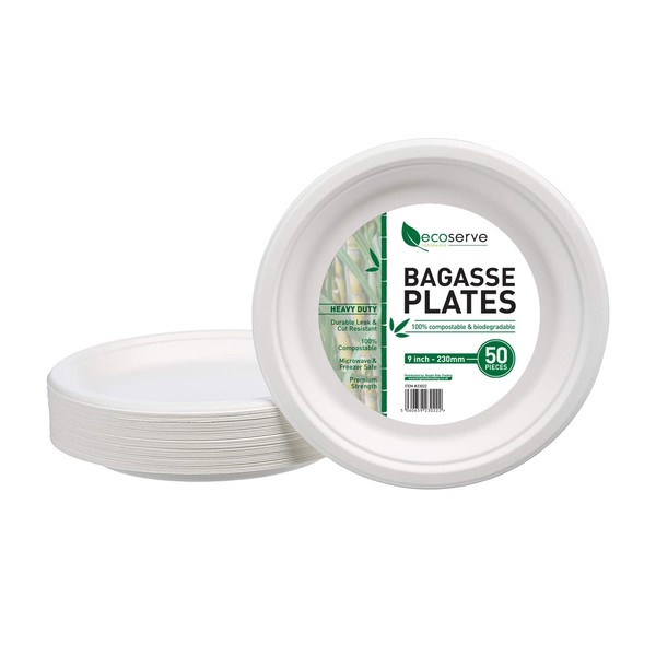 ecoserve tableware Paper Plates | White Bagasse Plates | Eco-Friendly, Biodegradable, and Compostable | Perfect for Picnics, BBQs, and Parties | 9 Inch 50 Plates