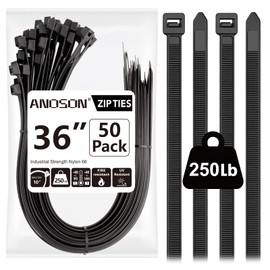 Large Zip Ties 36 inch (50 Pack), Long Zip Ties Heavy Duty with 250 lb Tensile Strength, Big Cable Ties, Black, by ANOSON