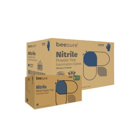 BeeSure BE1117case Powder Free Exam Gloves, Nitrile, BeadedCuff, Medium, Blue (Pack of 1000)