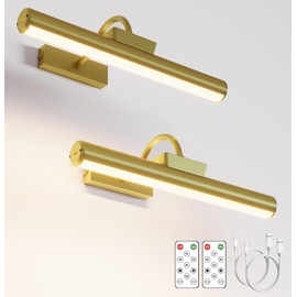 Skairipa Picture Light Battery Operated, Wireless Art Light for Paintings, Dimmable 5000mAh Recharging Battery Picture Light with Remote Control for Wall, Gallery Dartboard Art Bedroom (Gold-2Pack)