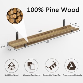 Ecowillon Natural Wood Floating Shelves with Lip, 40’’ Long Floating Wall Shelf with Metal Bracket, Set of 2 Picture Ledge Shelf Wall Mounted Shelves for Living Room, Bedroom, Kitchen,Carbonized Black