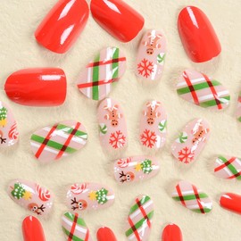 Christmas Press on Nails Short Fake Nails with Green Lines Xmas Tree Gingerbread Designs Red False Nails Pink Glue on Nails Cute Stick on Nails Full Cover Acrylic Nails Glossy Artificial Nails