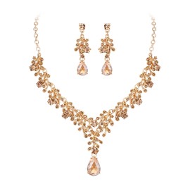 EleQueen Elegant Wedding Costume Crystal Floral Leaf Necklace Dangle Earrings Set for Women, Bridal Jewelry for Bride Bridesmaid Accessories Brown Gold-Tone