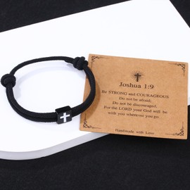 YIHOON Cross Bracelet Christian Easter Basket Stuffers for Teens Men Women Bible Verse Joshua 1:9 Braided Rope Adjustable Jesus Bracelets (Joshua 1:9-Black)