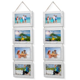 Houseables Collage Picture Frame, Hanging Photo Frames, 4” x 6” Prints, 2 PK, 4 Frame Set, White, Whitewash, Wood, w/Glass, Twine, Hanger, Rustic Style, Country Chic, Landscape, Farmhouse Decor