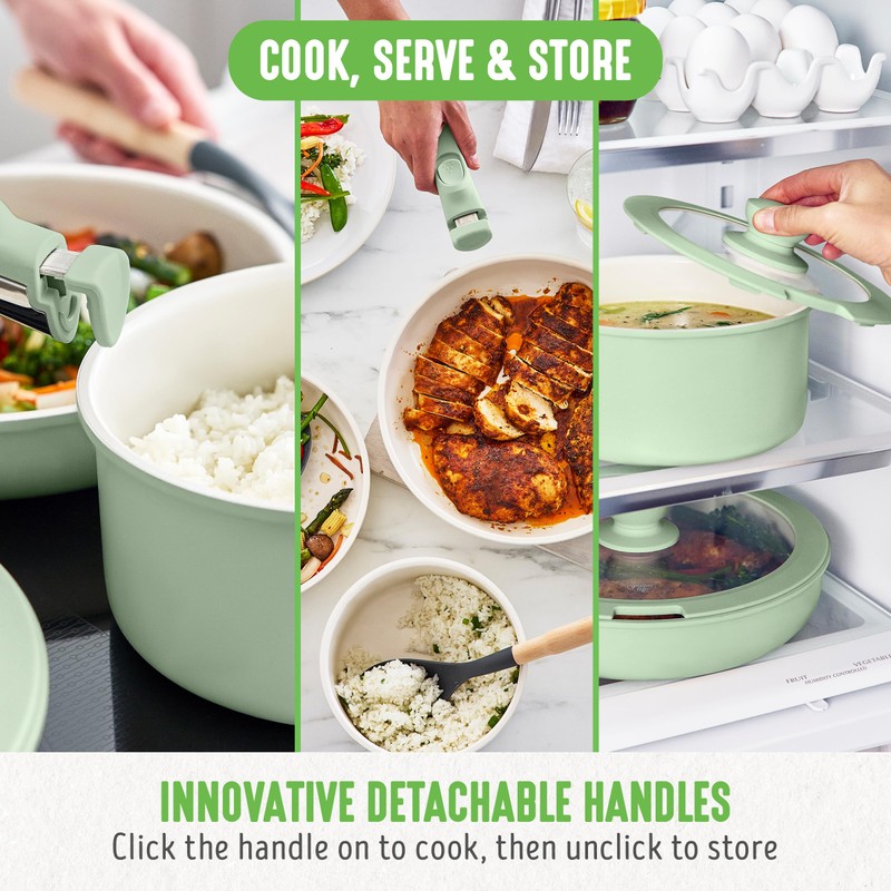 GreenLife 10 Piece Nonstick Pots & Pans Set, Detachable Handle