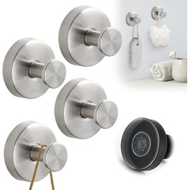 Boxonly No-Drill Suction Hooks,2024 Upgraded Stainless Steel Waterproof Hooks for Bathroom,Shower,Kitchen,and Mirrors–Heavy Duty Towel Holders(4 Pcs, Brushed Silver)