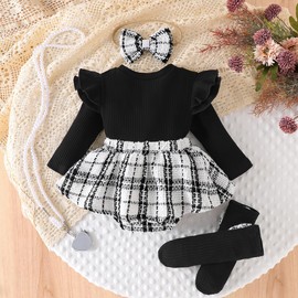 Eqenkely Infant Baby Girls 3Pcs Romper Dress Outfits Ruffle Long Sleeve Plaid Print Skirt with Headband and Socks Set Black 0-3 Months