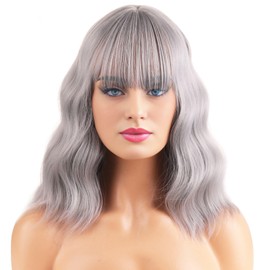 BERON 14 Inches Gray Wig with Bangs Short Curly Grey Wig for Women Daily Party Hairnet Include