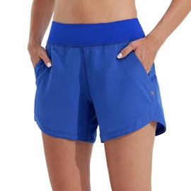 Willit - Pantalones cortos de natación para mujer, de 5 pulgadas, secado rápido, para playa, natación, UPF 50+, bolsillos con forro de cintura alta, Azul Real, 12