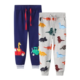 LOKTARC 2 Pack Toddler Pants for Boys Sweatpants Drawstring Active Kids Joggers Pants Aircraft Car Dinosaur 2-3 Years/Size 3T
